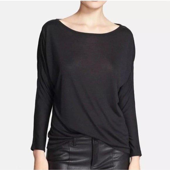 Vince Black Dolman Long Sleeve Rayon Top Minimalist Mesh Detail Boat Neck Size S - Picture 6 of 9